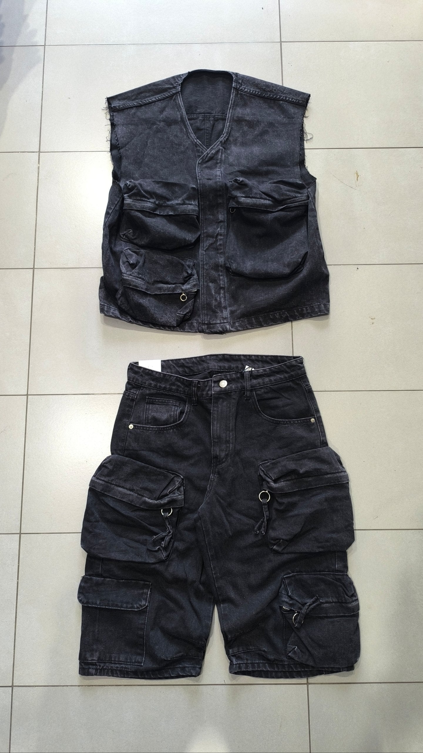 Completo Denim Nero Y2K Cargo Utility Smanicato + Jorts Baggy Hip Hop Streetwear