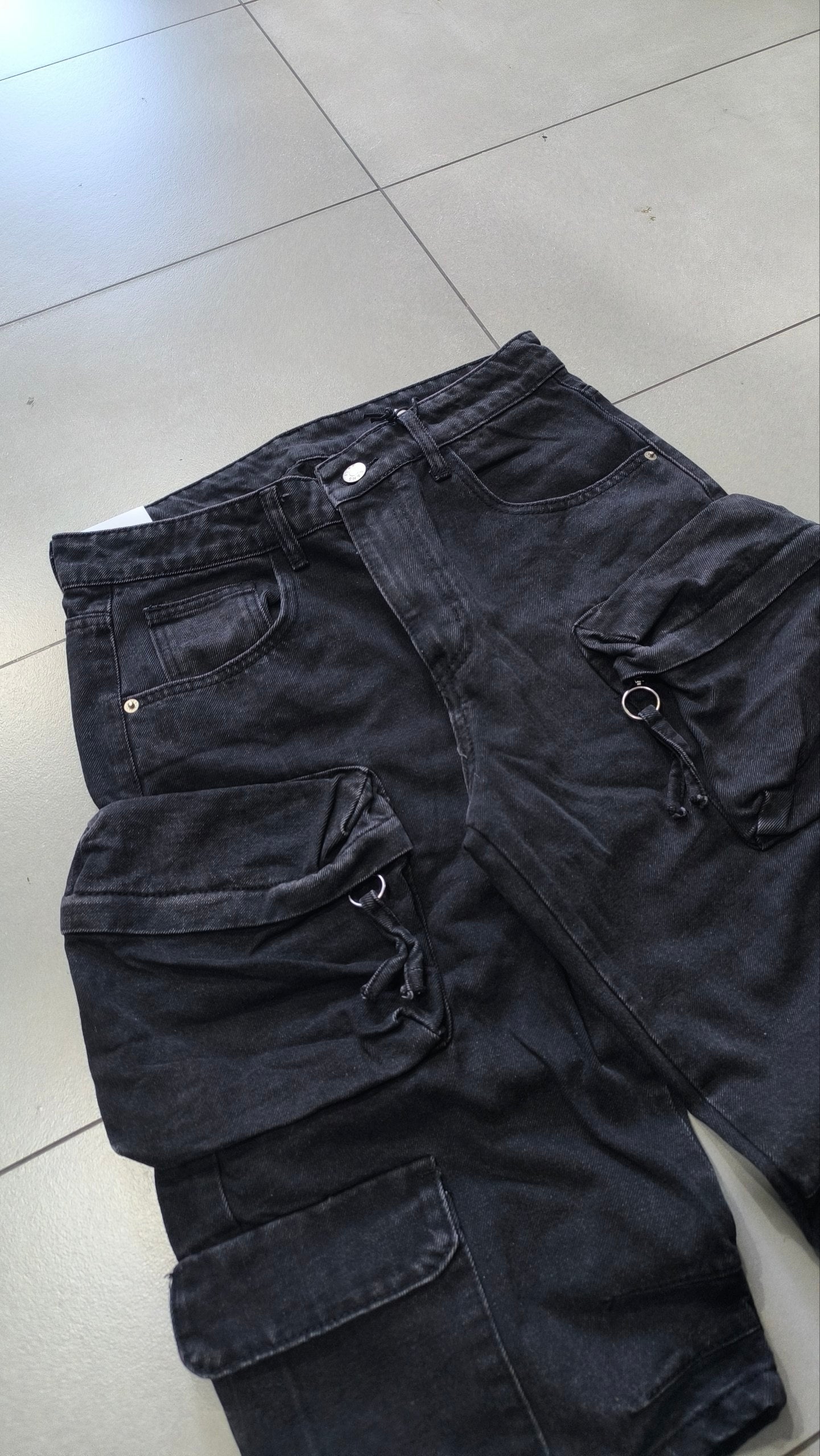 Completo Denim Nero Y2K Cargo Utility Smanicato + Jorts Baggy Hip Hop Streetwear