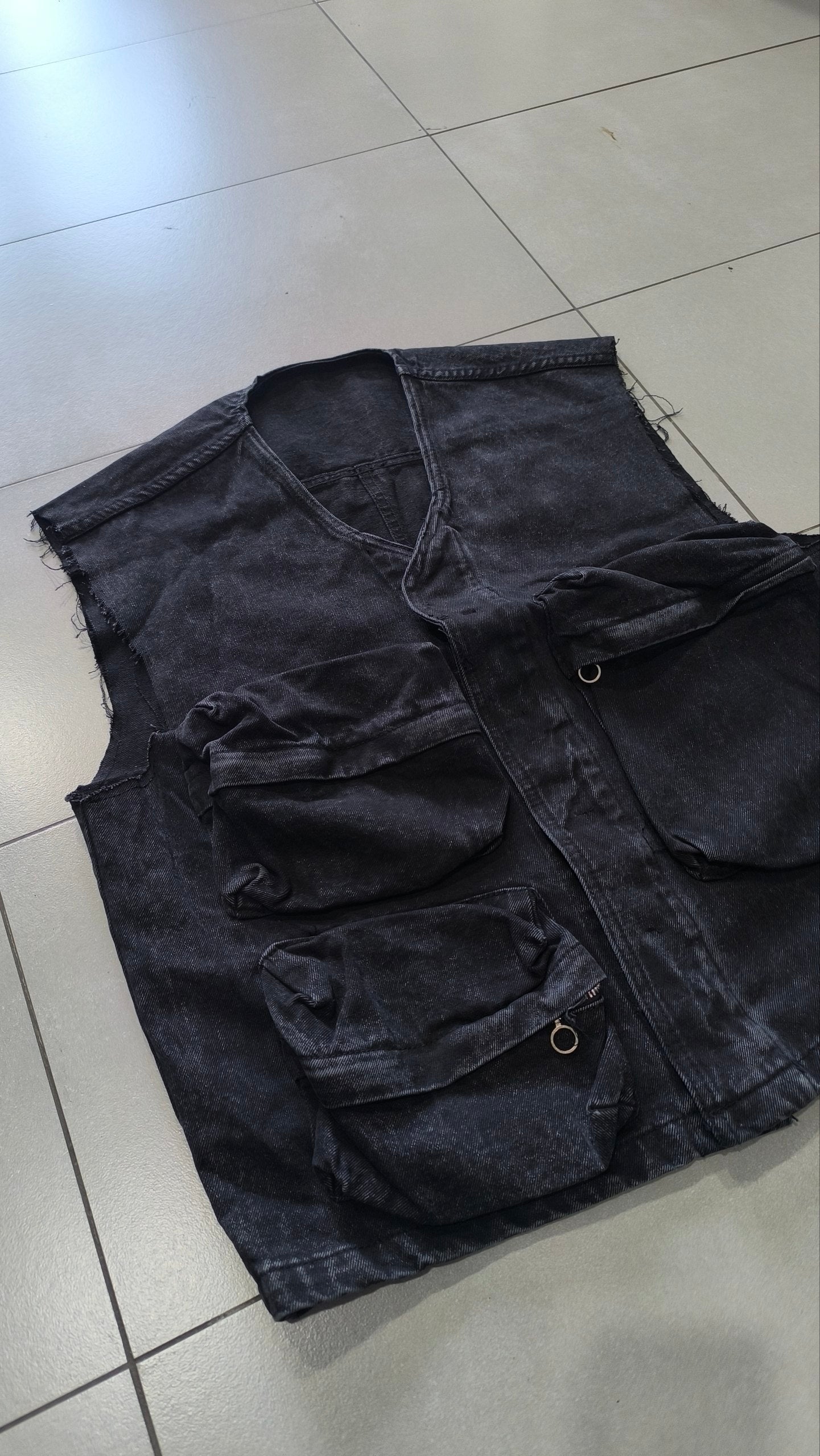 Completo Denim Nero Y2K Cargo Utility Smanicato + Jorts Baggy Hip Hop Streetwear