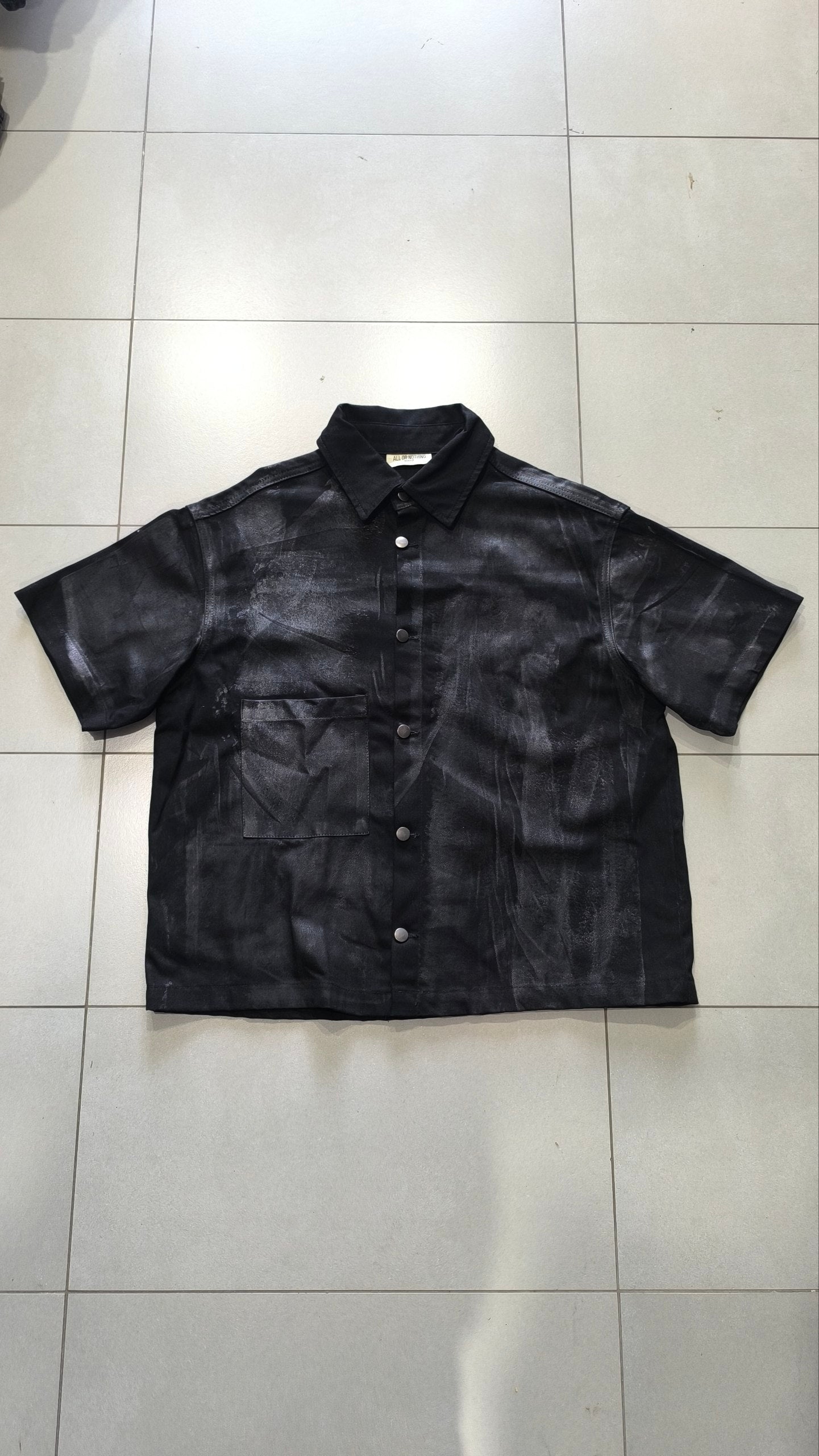 Giacca Camicia Nera Y2K Effetto Washed Spalmato Oversize Boxy Streetwear Uomo