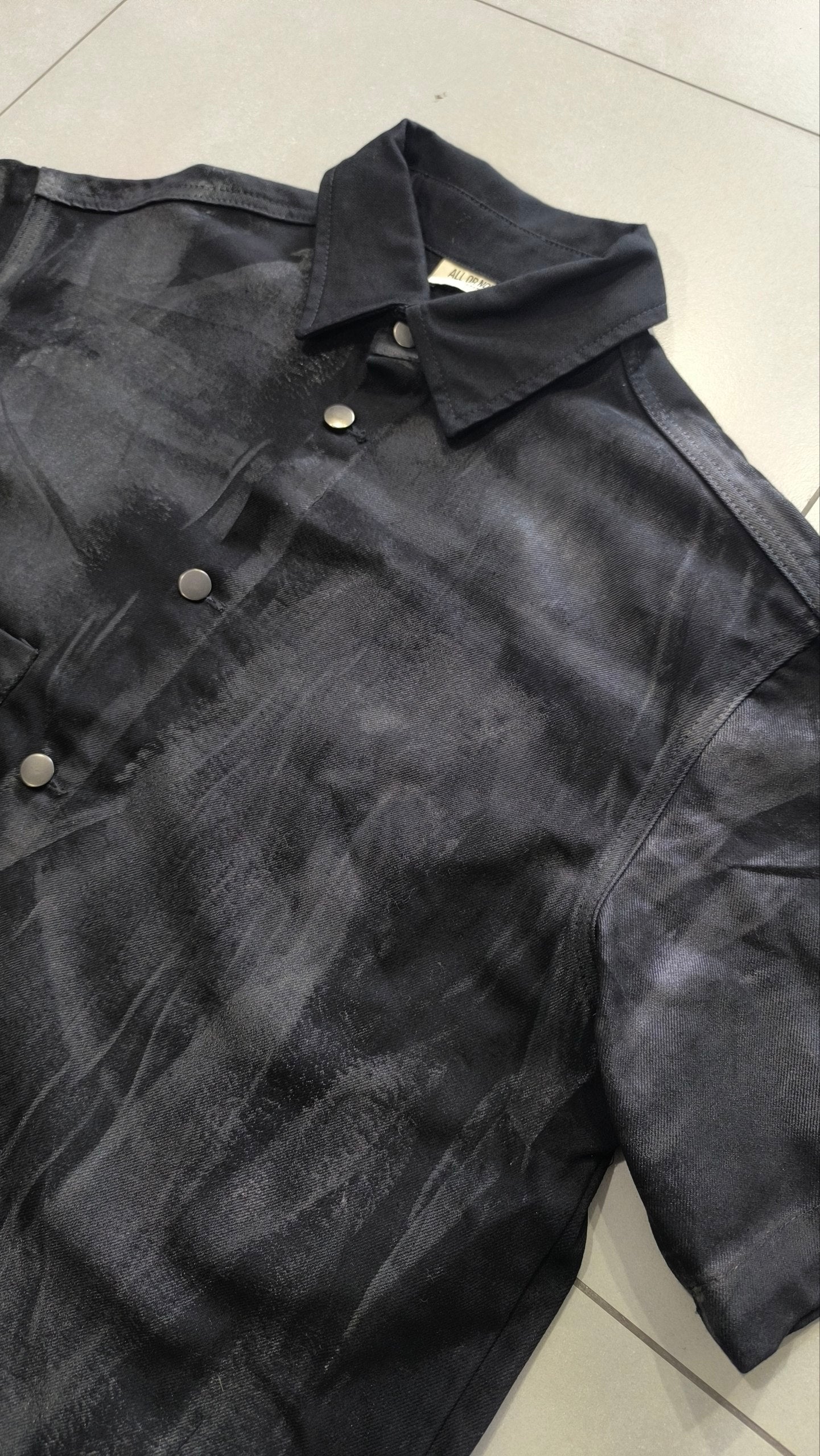 Giacca Camicia Nera Y2K Effetto Washed Spalmato Oversize Boxy Streetwear Uomo