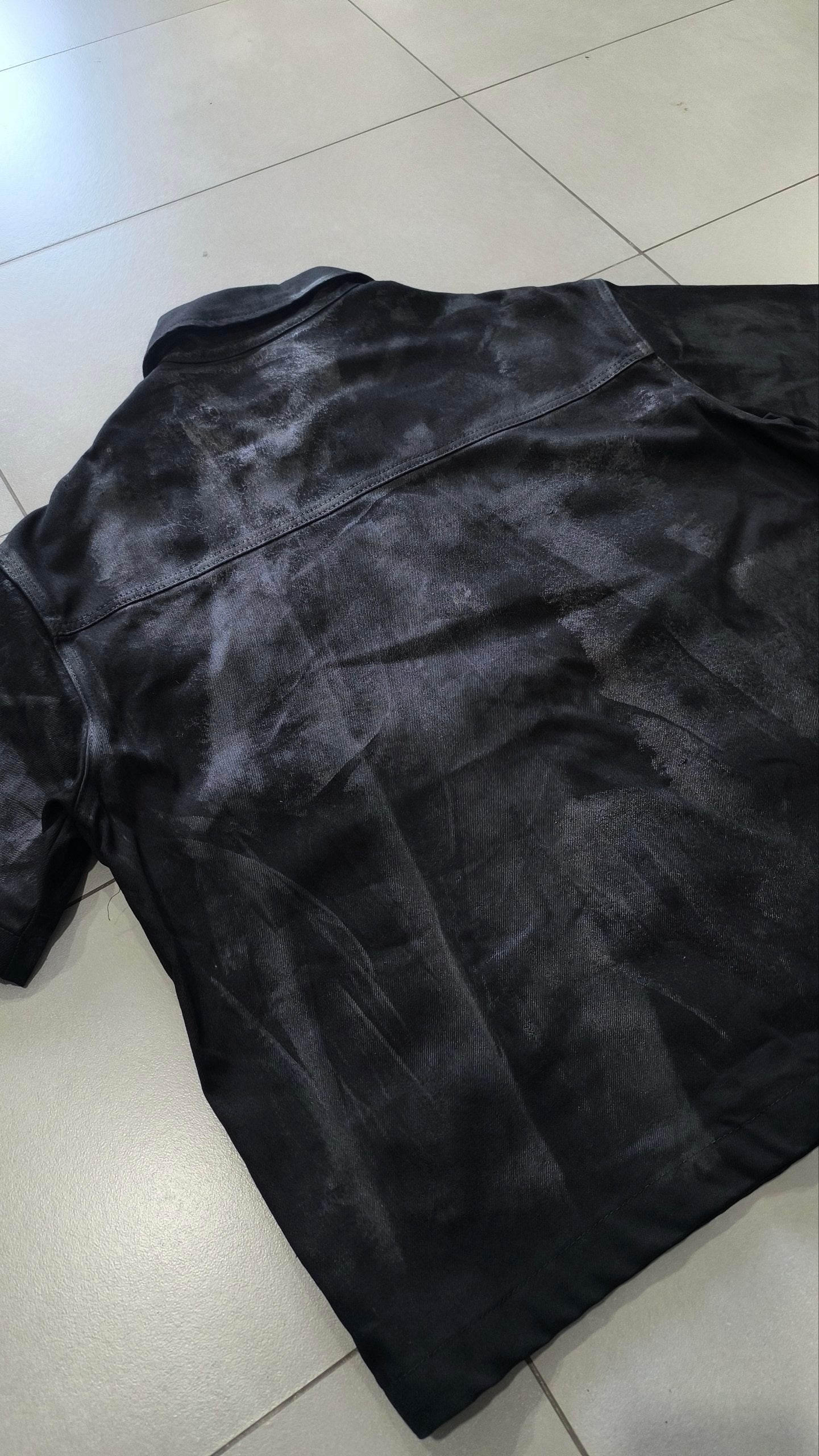 Giacca Camicia Nera Y2K Effetto Washed Spalmato Oversize Boxy Streetwear Uomo