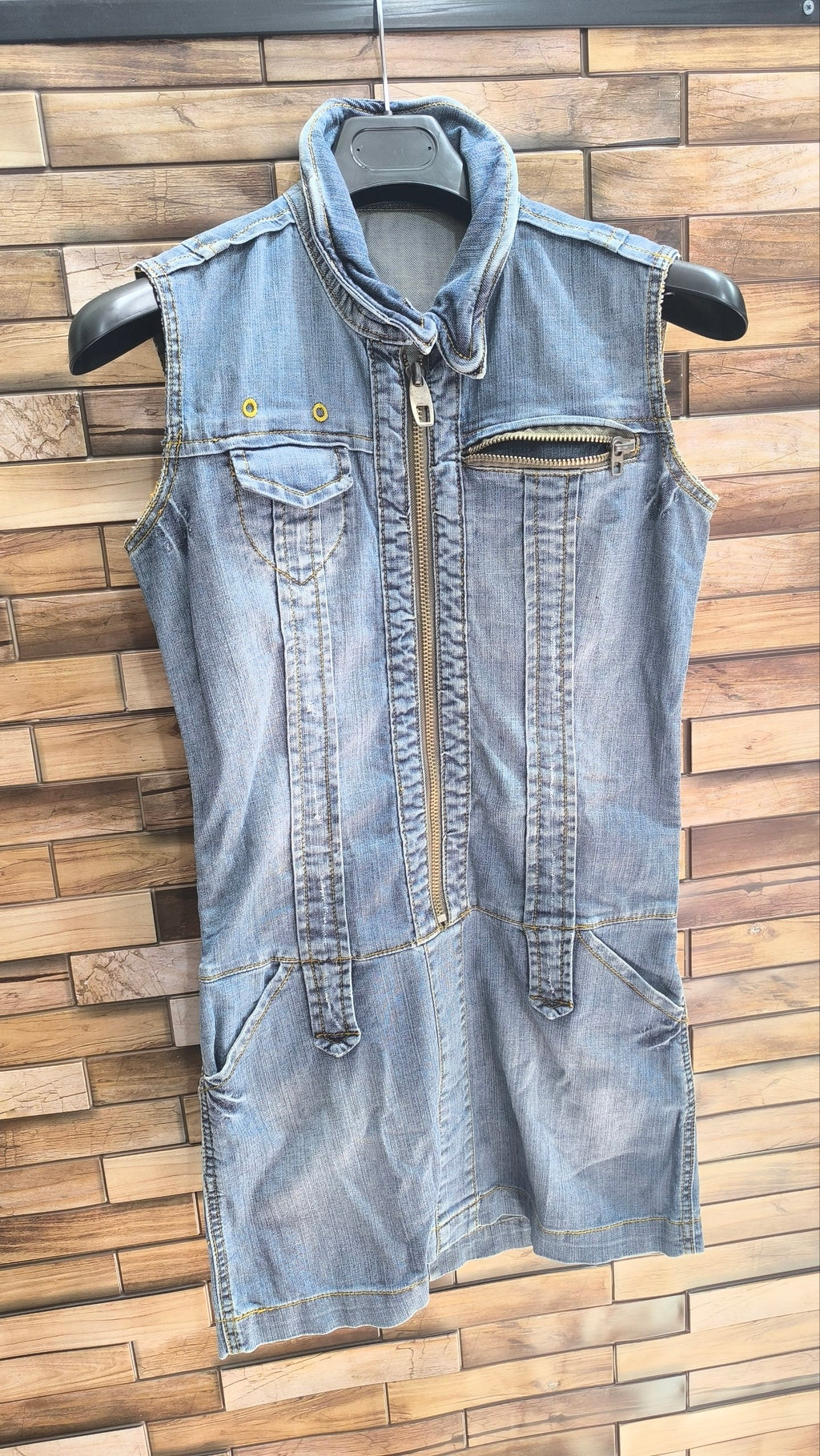 Vestito jeans donna M smanicato con zip – mini abito denim aderente