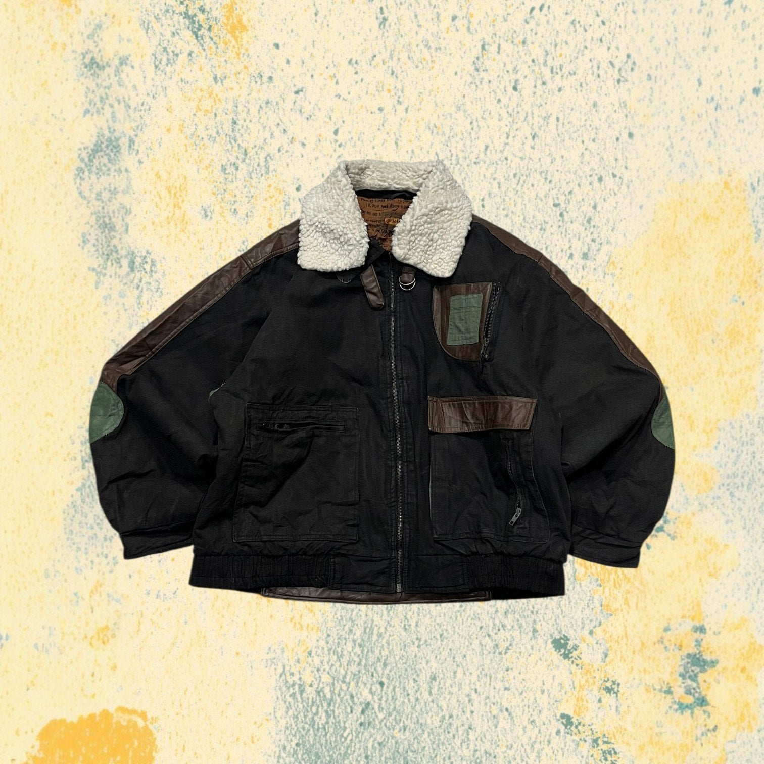 Bomber Vintage Y2K Heavy Leather Jacket Con Pelliccia MultiColor (M)