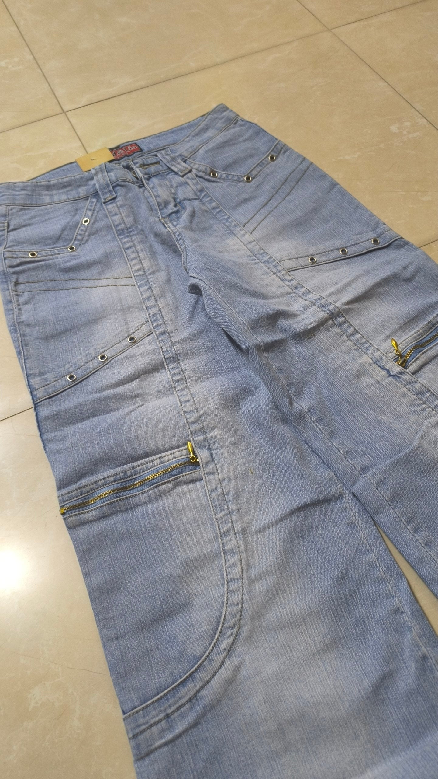 Denim Jeans Light Blue Super Baggy Fit Flare Bootcut Low Waist Particular Vintage Y2K