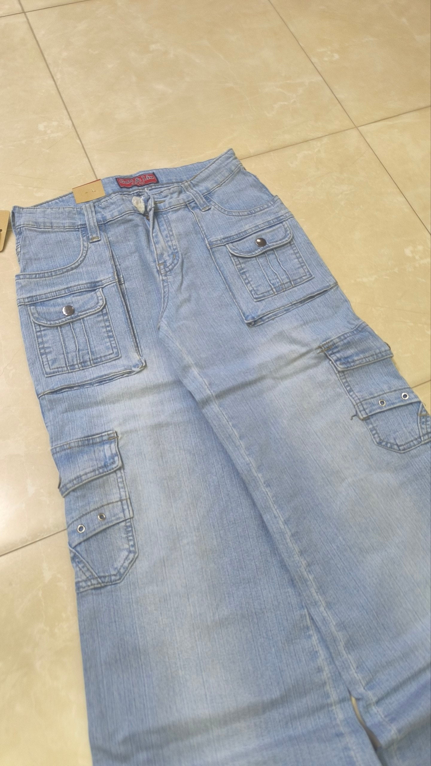 Denim Jeans Vintage Y2K Flare Low Waist "Cargo" Light Blue Y2K