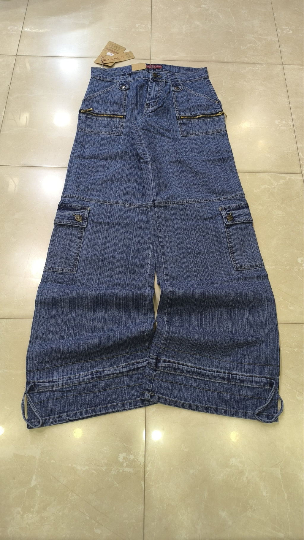 Denim Jeans Vintage Y2K Blu Striped Low Waist Cargo Particular Baggy Flare Model NEW
