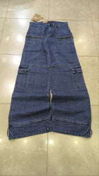 Denim Jeans Vintage Y2K Blu Striped Low Waist Cargo Particular Baggy Flare Model NEW