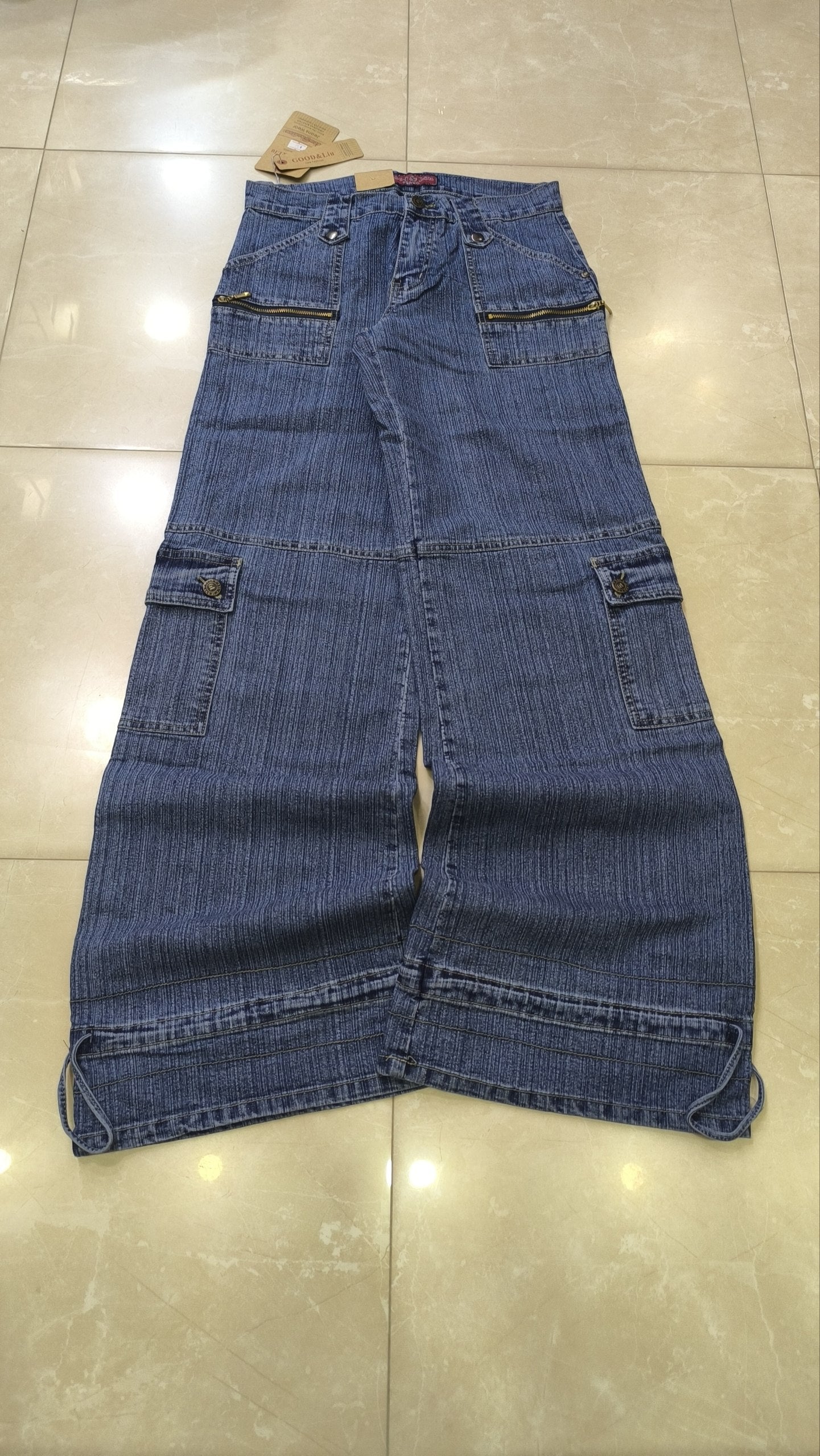 Denim Jeans Vintage Y2K Blu Striped Low Waist Cargo Particular Baggy Flare Model NEW