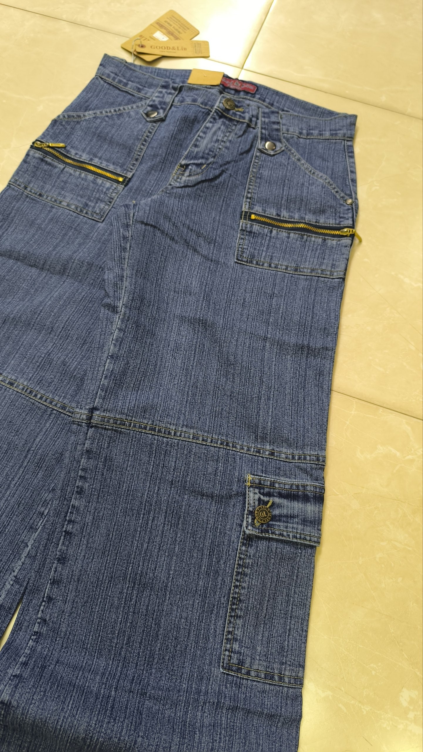 Denim Jeans Vintage Y2K Blu Striped Low Waist Cargo Particular Baggy Flare Model NEW