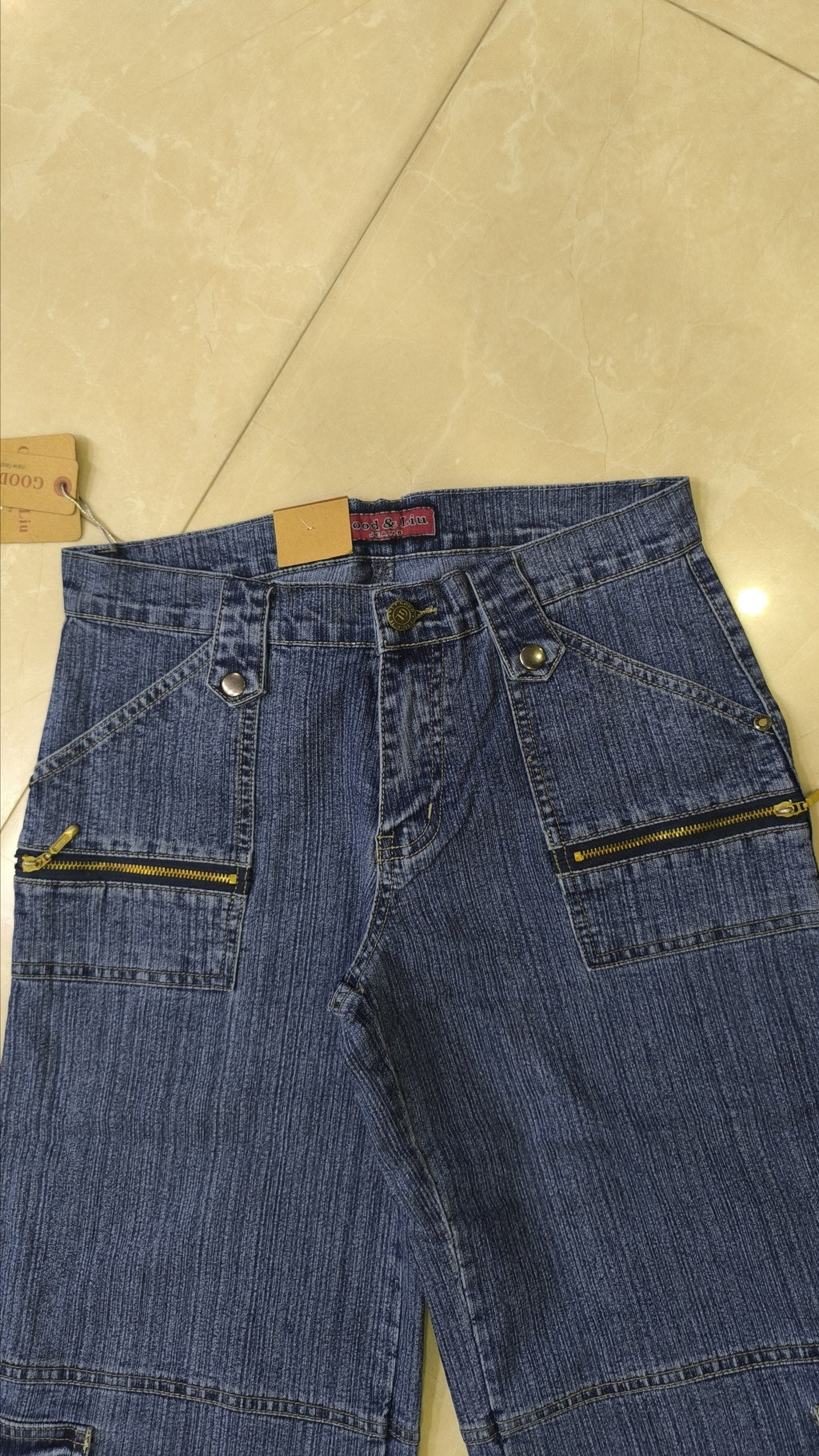 Denim Jeans Vintage Y2K Blu Striped Low Waist Cargo Particular Baggy Flare Model NEW