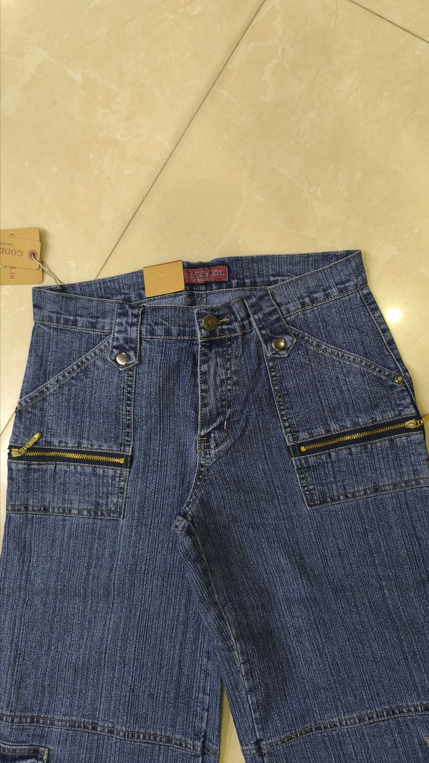 Denim Jeans Vintage Y2K Blu Striped Low Waist Cargo Particular Baggy Flare Model NEW