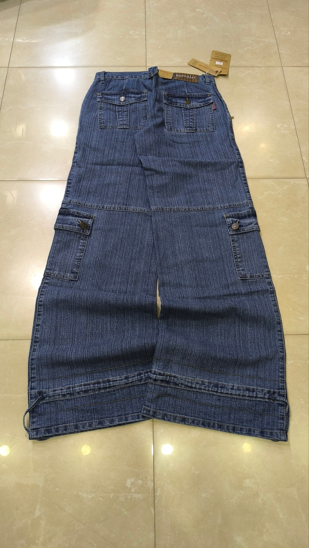 Denim Jeans Vintage Y2K Blu Striped Low Waist Cargo Particular Baggy Flare Model NEW