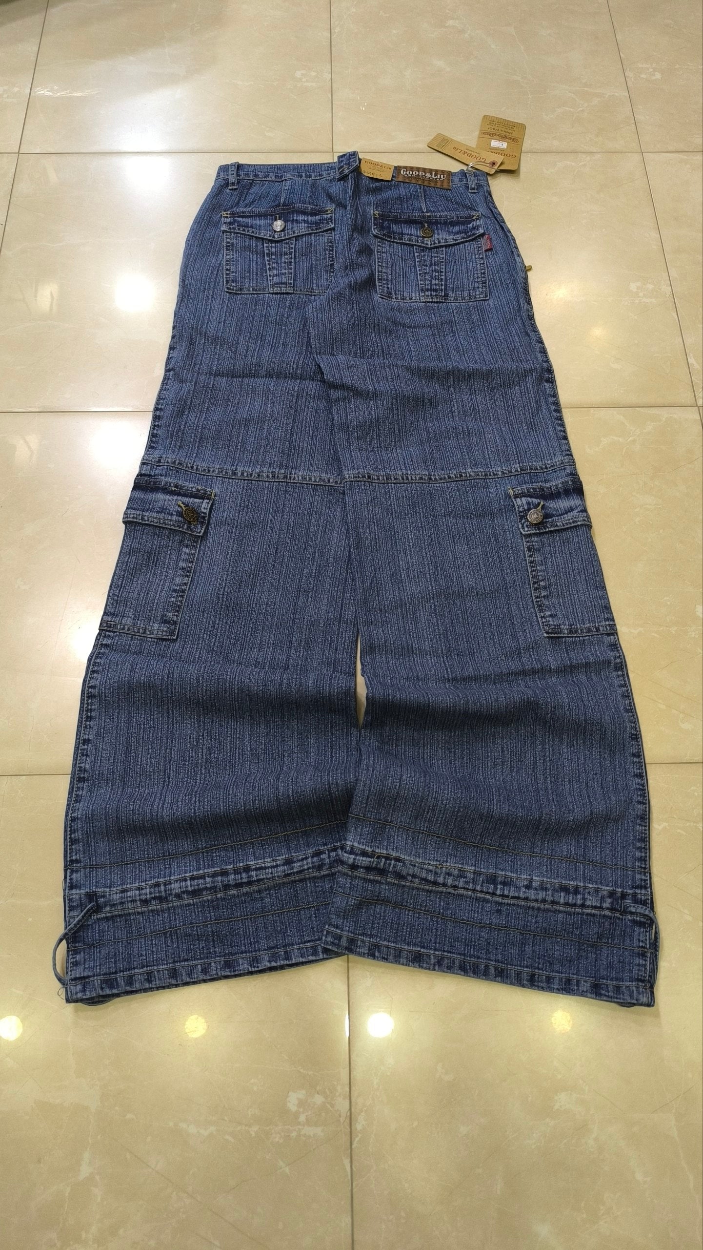 Denim Jeans Vintage Y2K Blu Striped Low Waist Cargo Particular Baggy Flare Model NEW