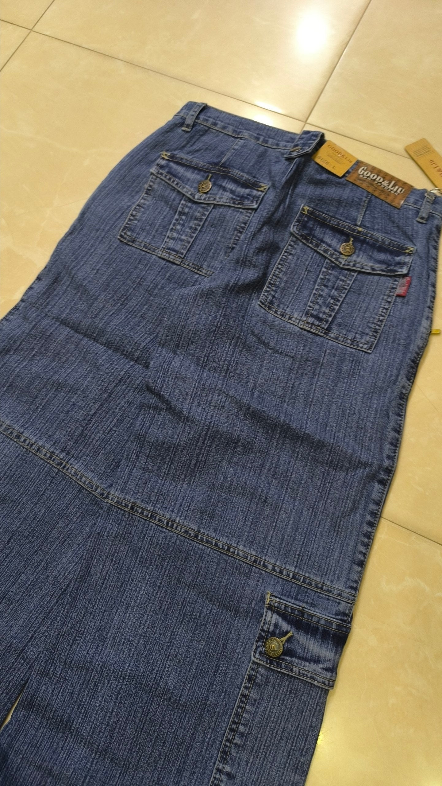 Denim Jeans Vintage Y2K Blu Striped Low Waist Cargo Particular Baggy Flare Model NEW