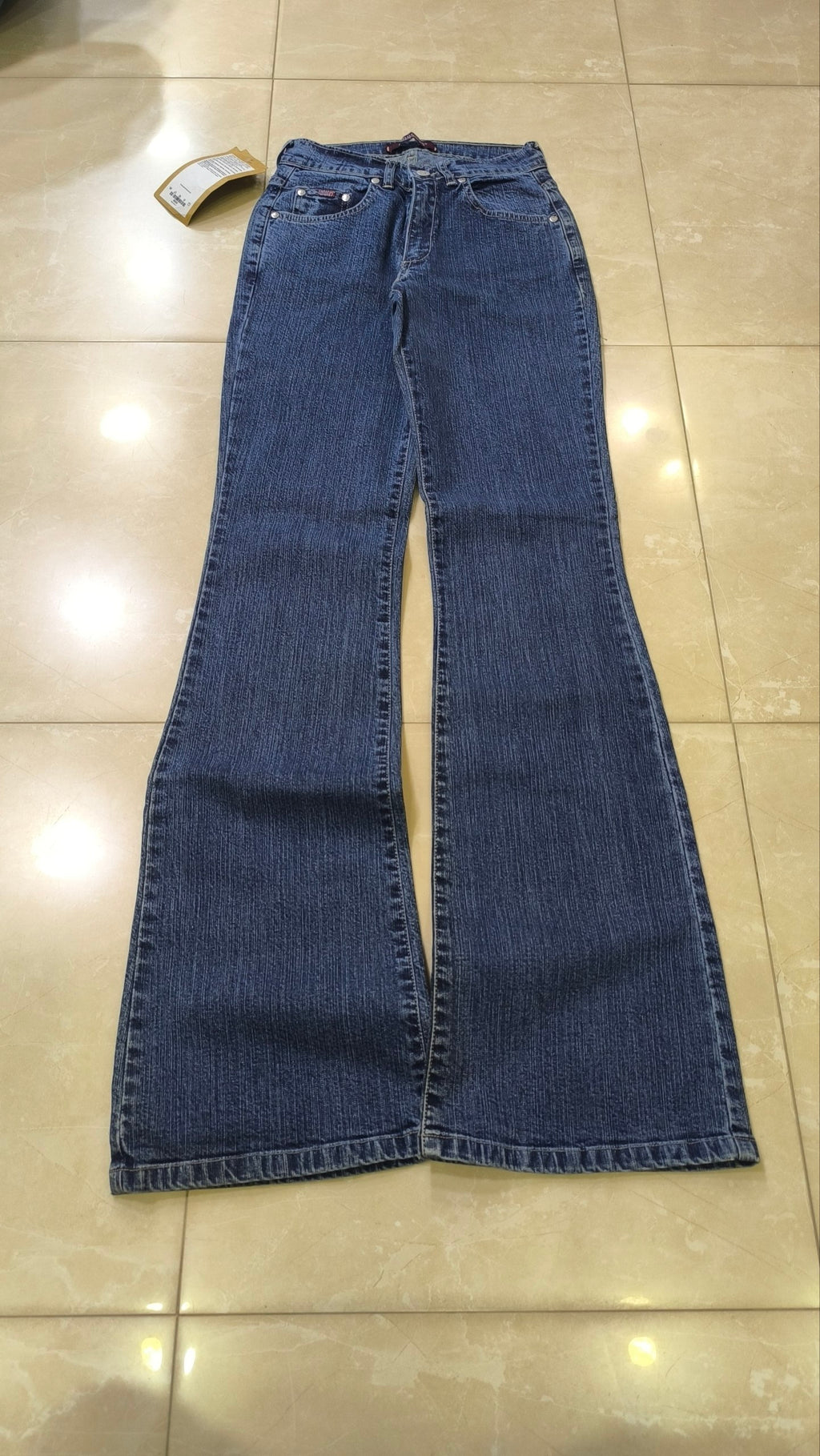 Jeans flare donna vita bassa blu scuro Y2K svasati con cartellino Vintage Bootcut