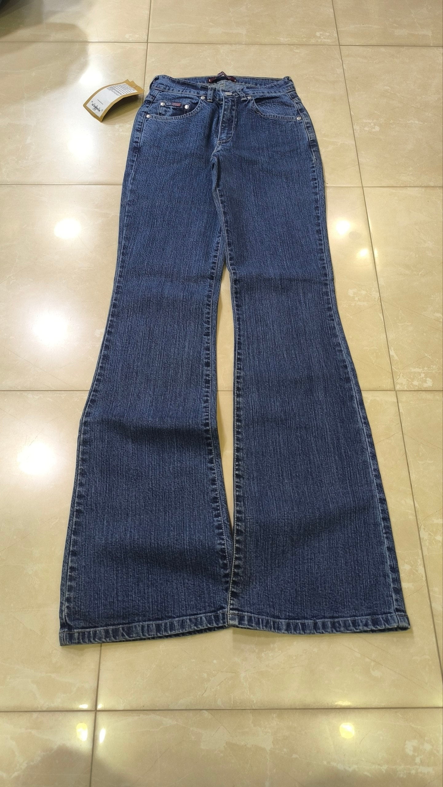 Jeans flare donna vita bassa blu scuro Y2K svasati con cartellino Vintage Bootcut