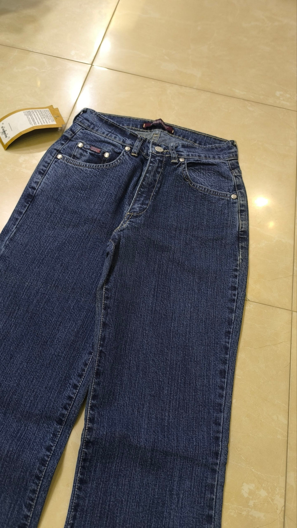 Jeans flare donna vita bassa blu scuro Y2K svasati con cartellino Vintage Bootcut