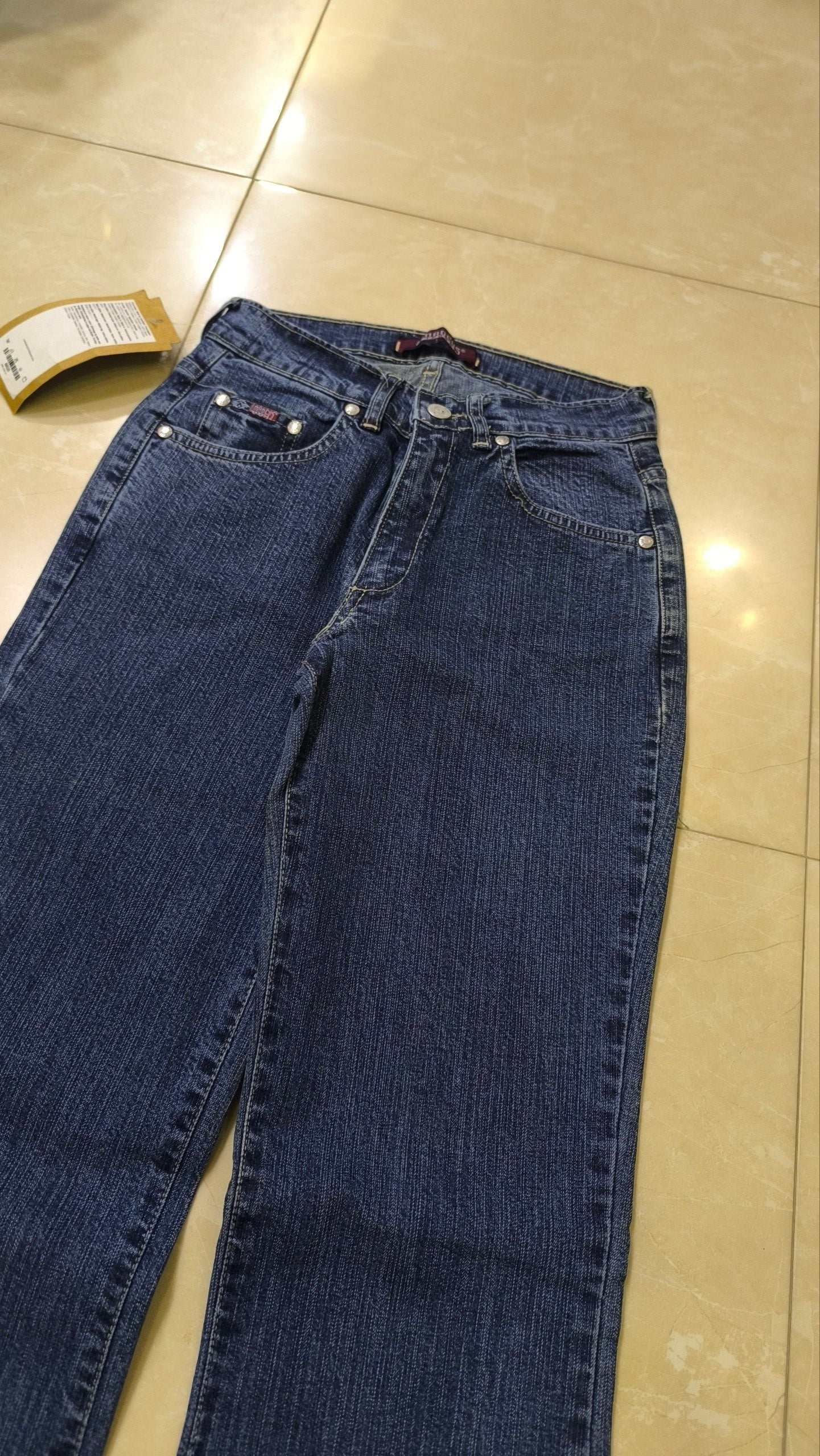Jeans flare donna vita bassa blu scuro Y2K svasati con cartellino Vintage Bootcut