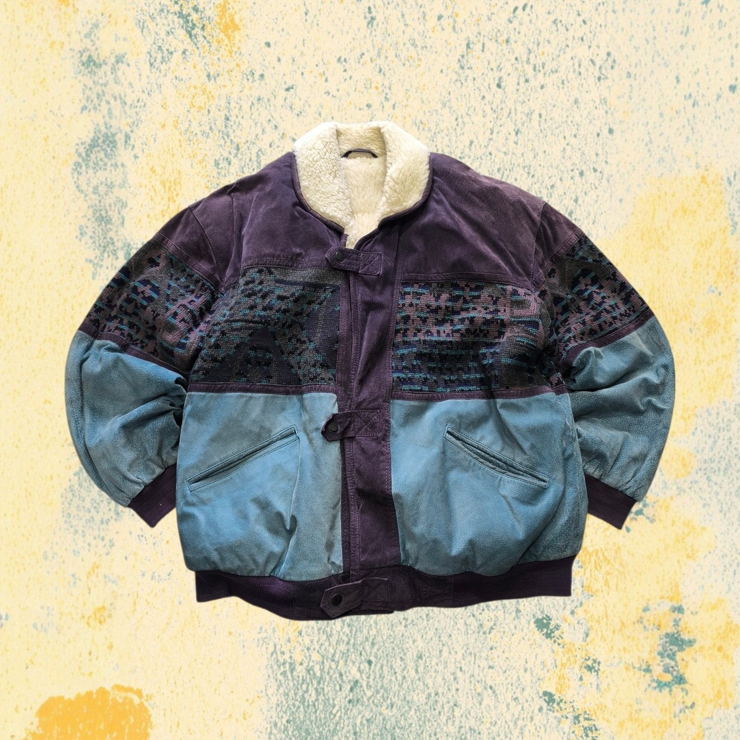 Real Leather Jacket Bomber Vintage Y2K - Multicolor Shearling in Vera Pelle Boxy Fit Oversize (XL)