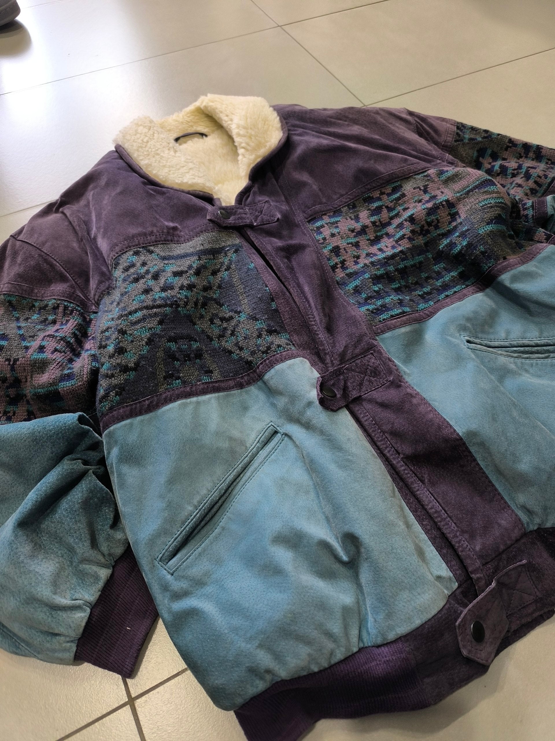 Real Leather Jacket Bomber Vintage Y2K - Multicolor Shearling in Vera Pelle Boxy Fit Oversize (XL)
