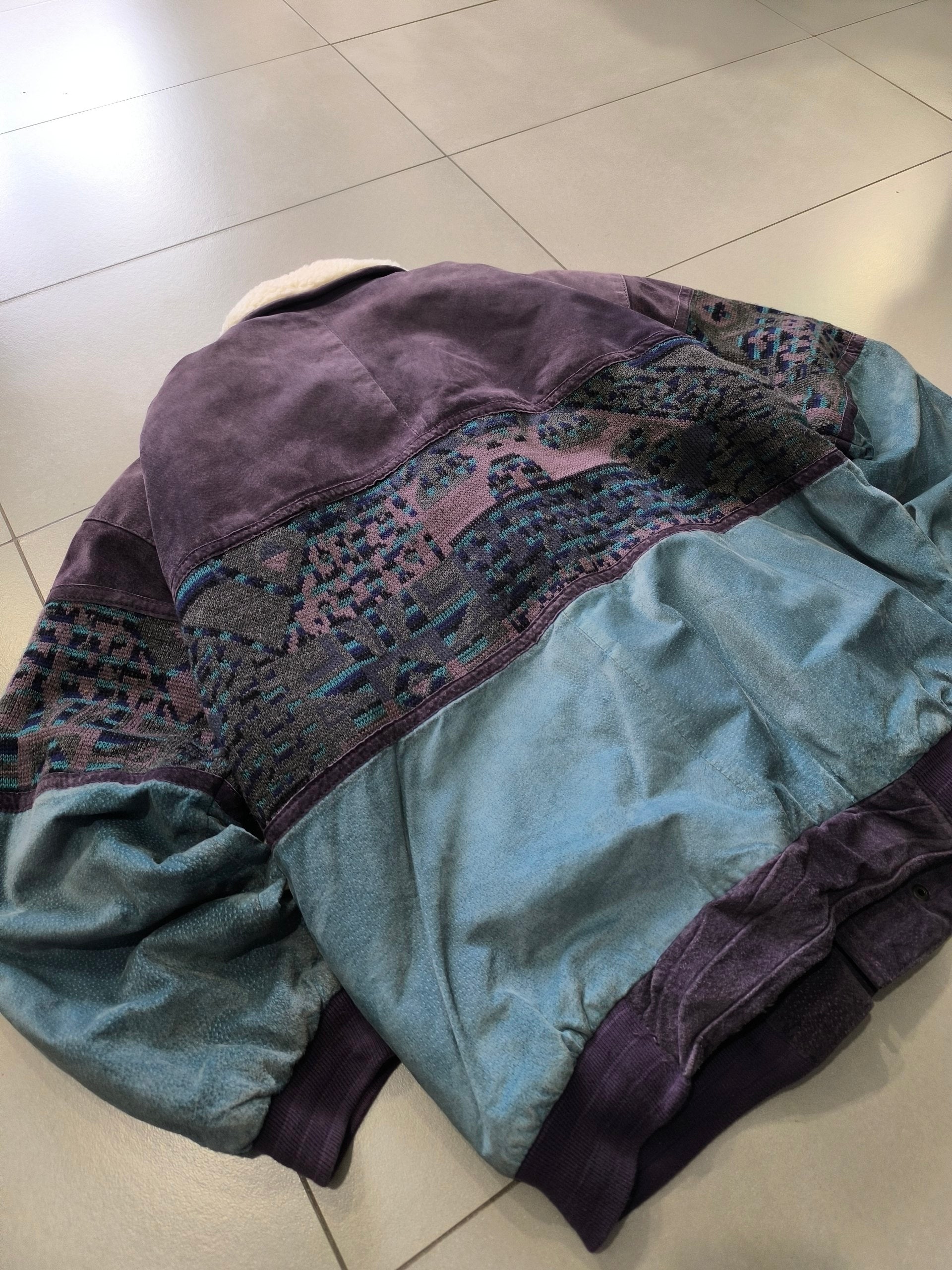 Real Leather Jacket Bomber Vintage Y2K - Multicolor Shearling in Vera Pelle Boxy Fit Oversize (XL)