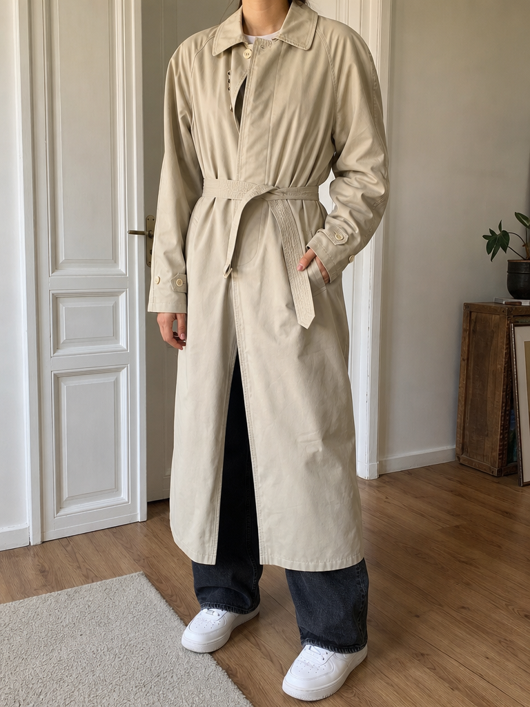 Trench lungo beige chiaro con cintura Vintage Y2K (XL)