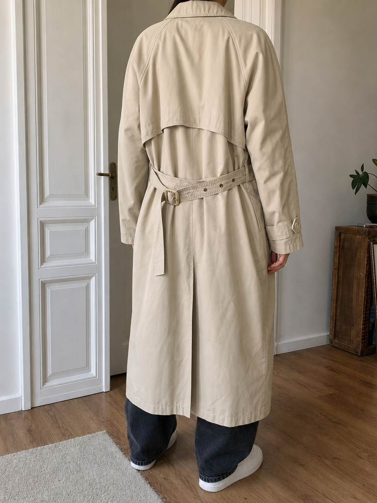 Trench lungo beige chiaro con cintura Vintage Y2K (XL)