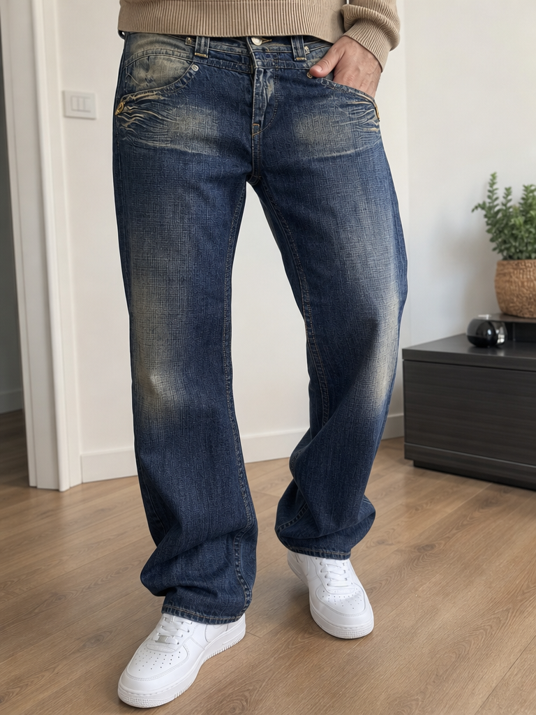 Jeans Vintage Dressing Gamba Ampia Blu Scuro Vintage Y2K (32)