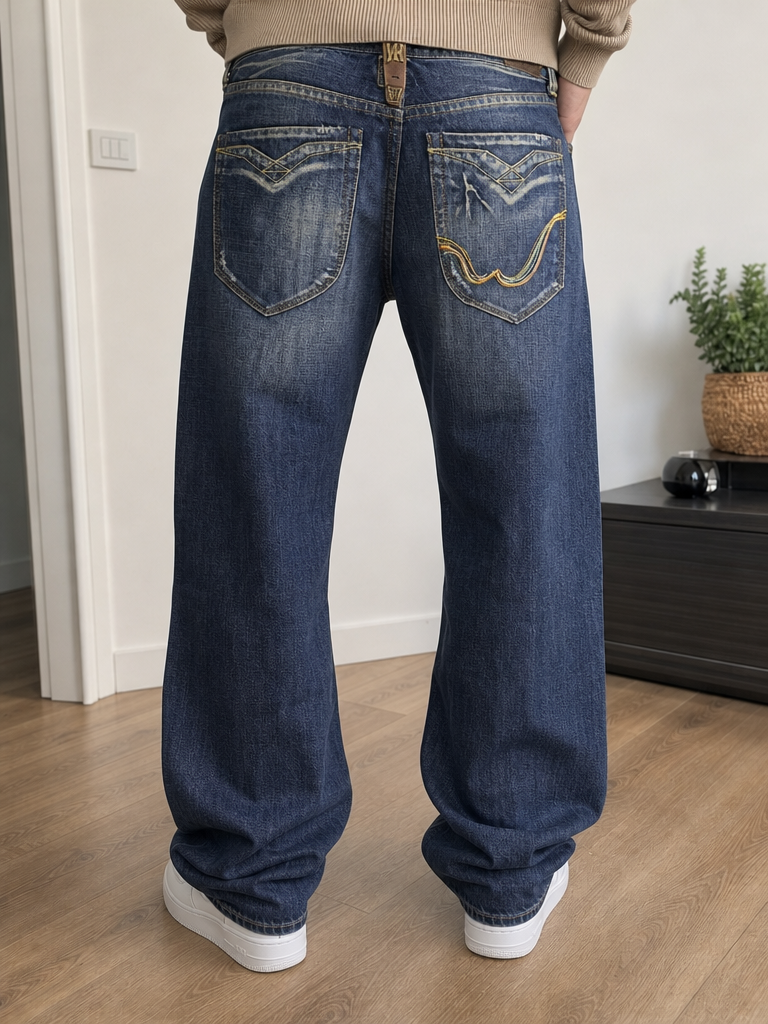 Jeans Vintage Dressing Gamba Ampia Blu Scuro Vintage Y2K (32)