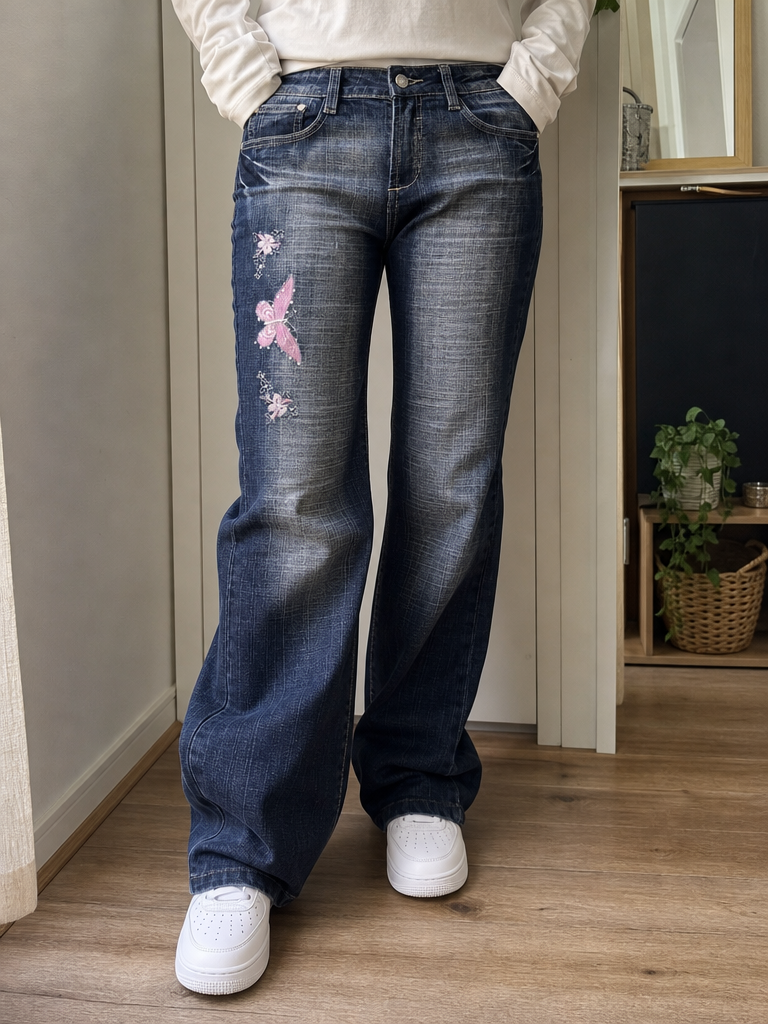 Jeans a gamba ampia Dingnu Jeans Blu slavato con ricami (29)