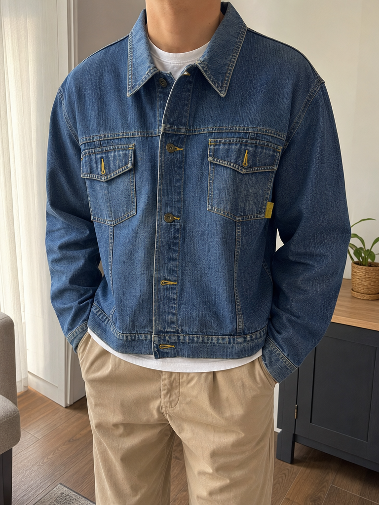 Giacca denim Timberland Bottoni Blu Cuciture ocra Vintage Y2K (XL)