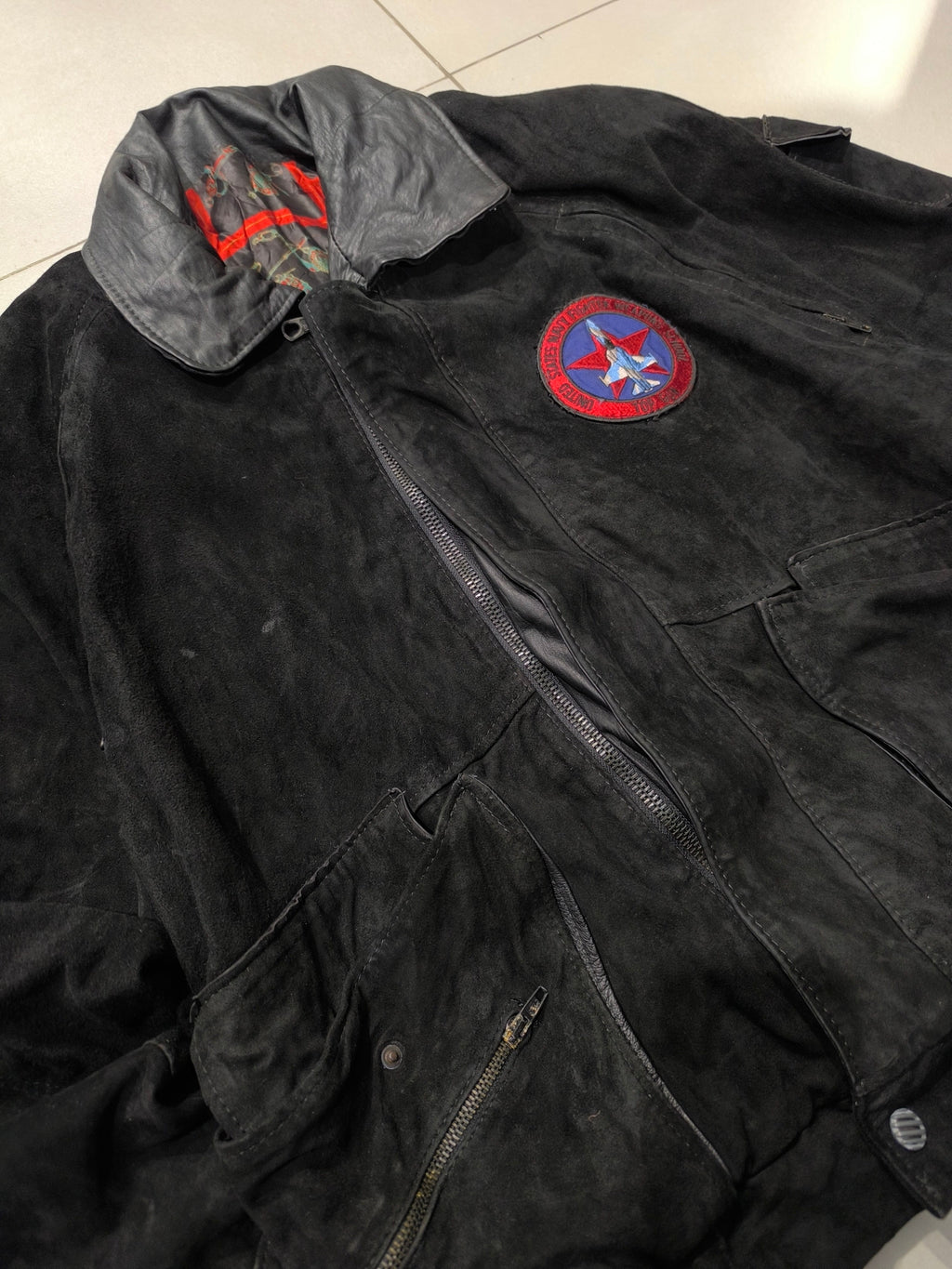 Real Leather Jacket Bomber Vintage Y2K - Aviatore Nero in Camoscio Con Patch in Vera Pelle Boxy Fit Oversize (L)