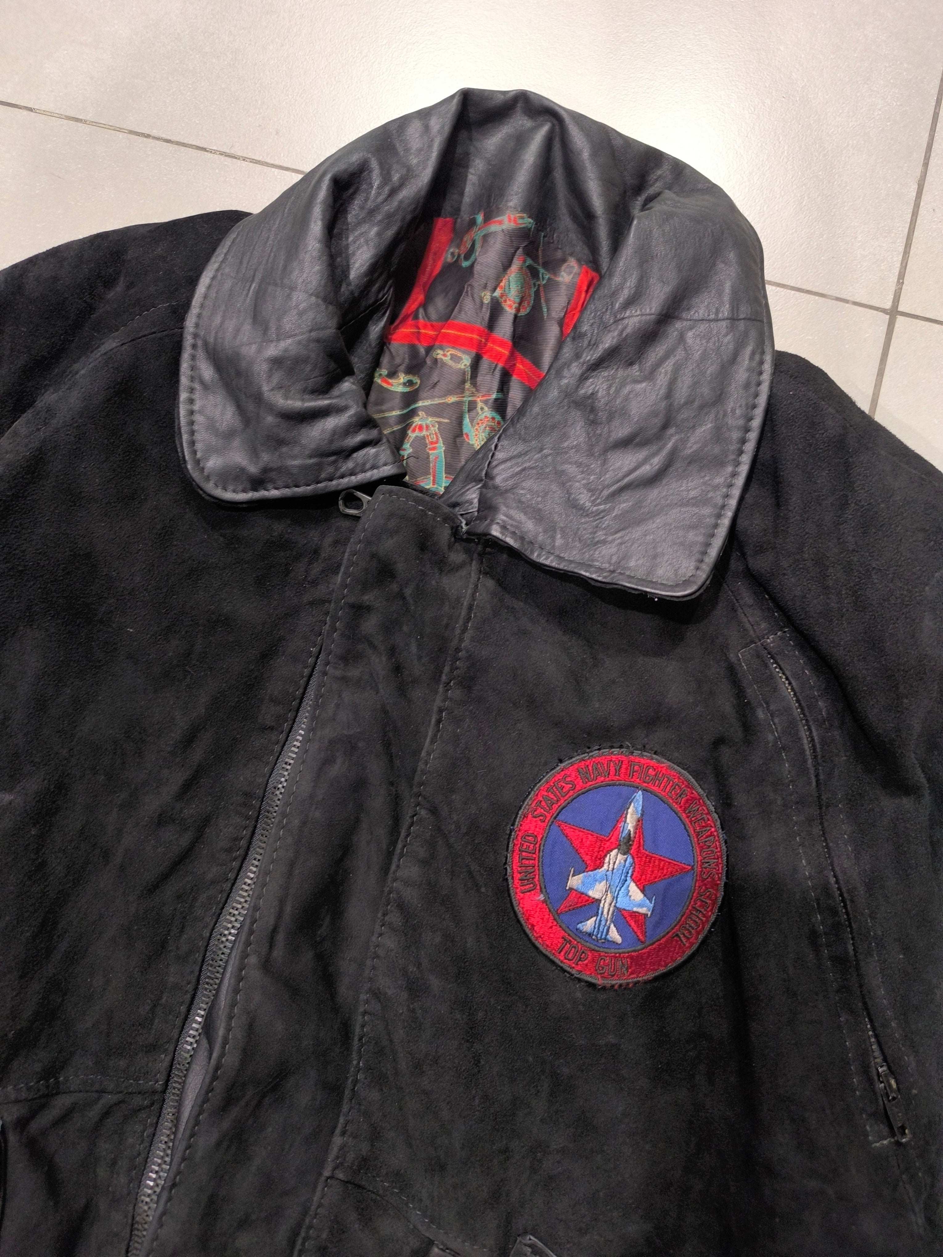 Real Leather Jacket Bomber Vintage Y2K - Aviatore Nero in Camoscio Con Patch in Vera Pelle Boxy Fit Oversize (L)