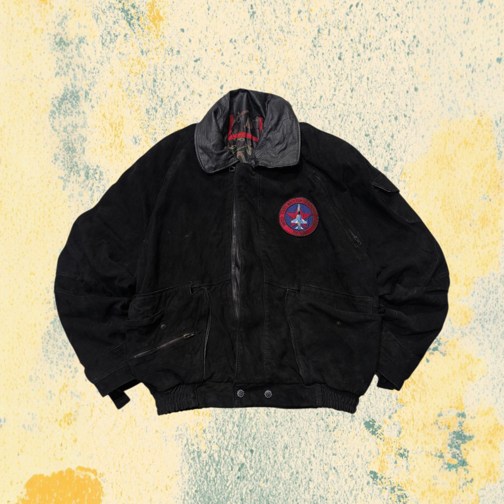 Real Leather Jacket Bomber Vintage Y2K - Aviatore Nero in Camoscio Con Patch in Vera Pelle Boxy Fit Oversize (L)